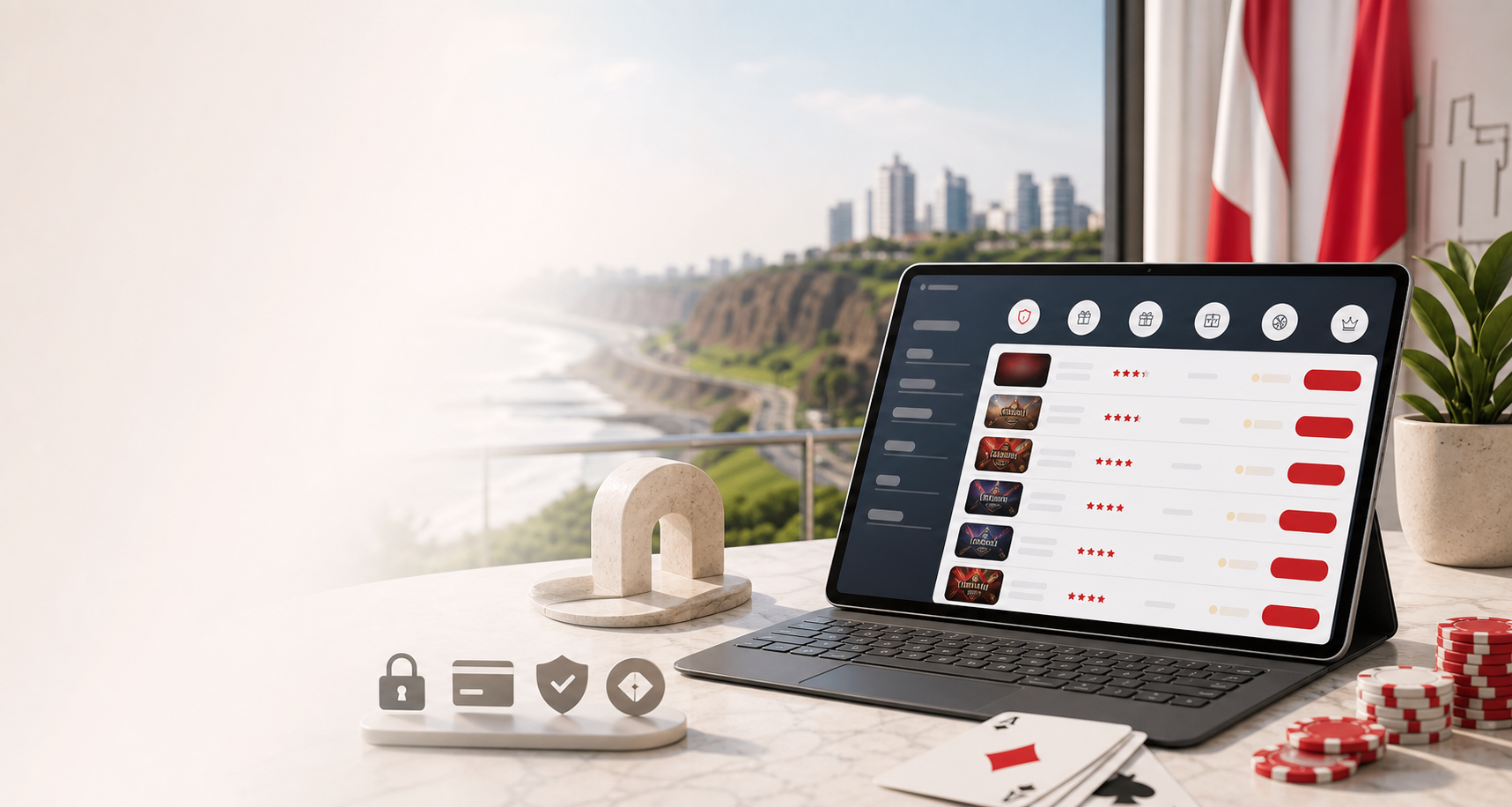 Mesa moderna con elementos de comparación de casinos online en Perú
